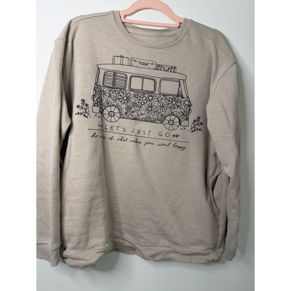 Natural Life Lets Just Go Camper Van Graphic Sweatshirt Tan Small Boho